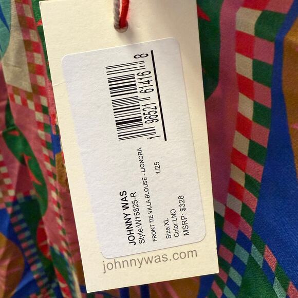 Johnny Was Workshop Front Tie Villa Silk Blouse Sun Print XL NWT Boho Gift - Picture 7 of 8